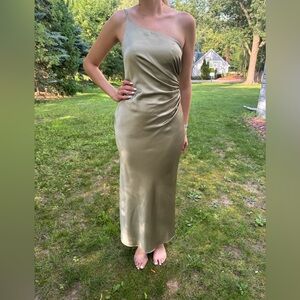 REVERLY Jade Satin Dress Silver Sage Size 4 One-Shoulder Bridesmaid Gown